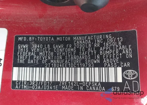2013 Toyota Corolla S z USA, uszkodzony, nr VIN 2T1BU4EE1DC119793